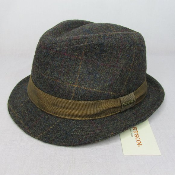 Stetson XL Wool Blend Plaid Fedora Hat Brown